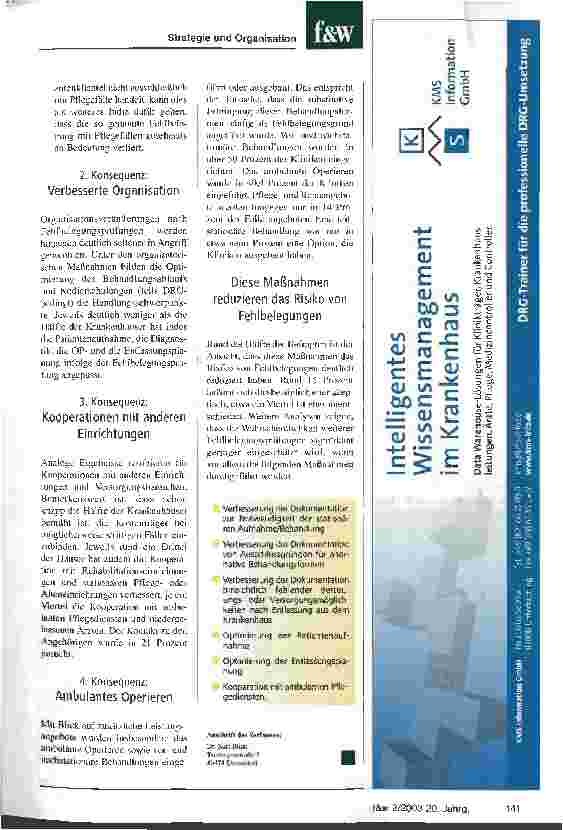 Vorschauseite 2: Konsequenzen zur Vermeidung von Fehlbelegungen Eine Repräsentativerhebung des DKI zeigt, was Krankenhäuser gegen Fehlbelegungen tun