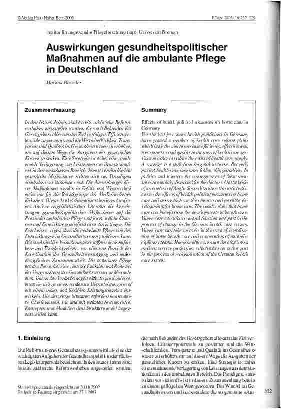 Vorschauseite 1: Auswirkungen gesundheitspolitischer Maßnahmen auf die ambulante Pflege in Deutschland