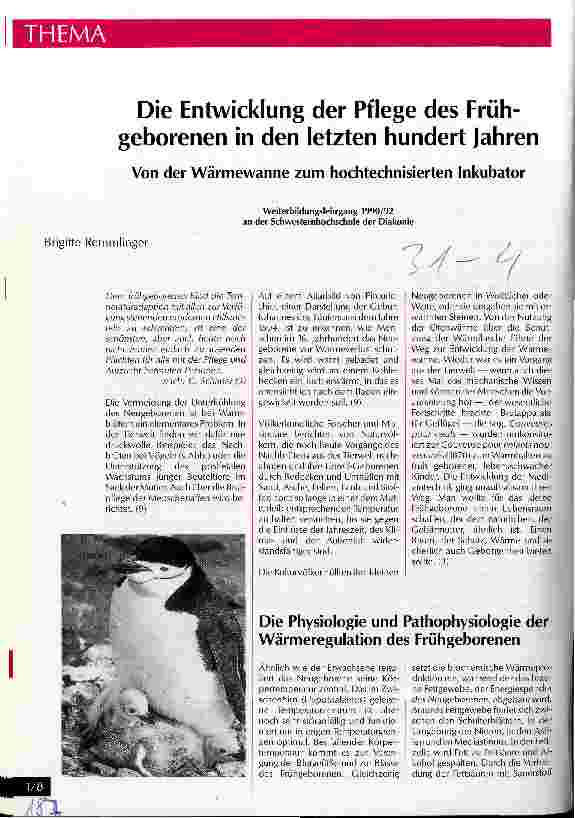 Vorschauseite 1: Die Entwicklung der Pflege des Frühgeborenen in den letzten hundert Jahren Von der Wärmewanne zum hochtechnisierten Inkubator