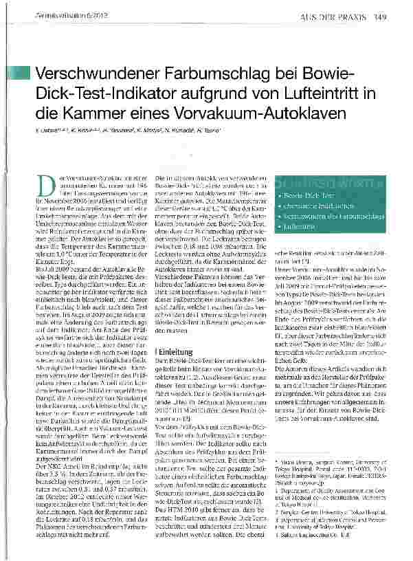 Vorschauseite 1: Verschwundener Farbumschlag bei Bowie-Dick-Test-Indikator aufgrund von Lufteintritt in die Kammer eines Vorvakuum-Autoklaven