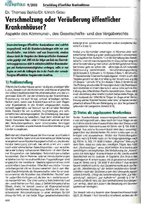 Vorschauseite 1: Verschmelzung oder Veräußerung öffentlicher Krankenhäuser? Aspekte des Kommunal-, des Gesellschaftsund des Vergaberechts
