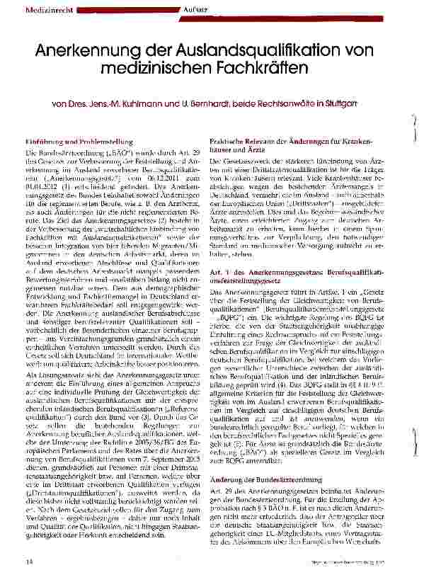 Vorschauseite 1: Anerkennung der Auslandsqualifikation von medizinischen Fachkräften