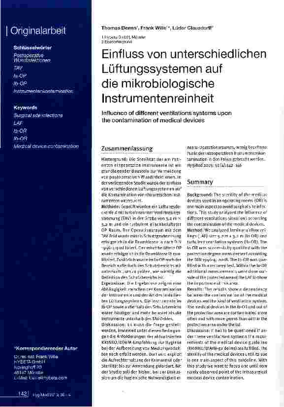 Vorschauseite 1: Einfluss von unterschiedlichen Lüftungssystemen auf die mikrobiologische Instrumentenreinheit