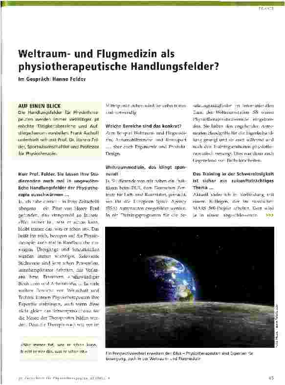Vorschauseite 1: Weltraumund Flugmedizin als physiotherapeutische Handlungsfelder?