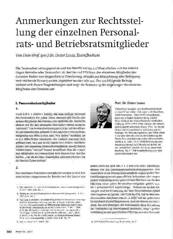 Vorschauseite 1: Anmerkungen zur Rechtsstellung der einzelnen Personalratsund Betriebsratsmitglieder