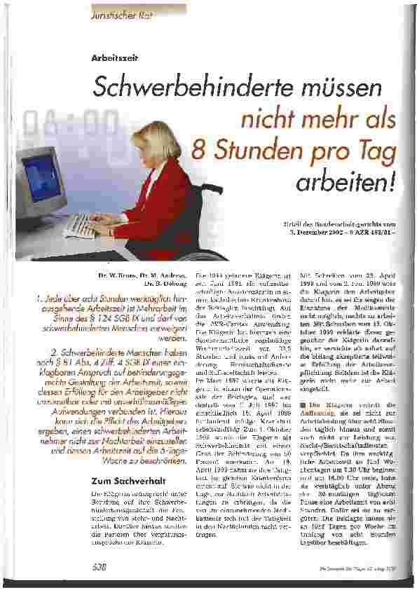 Vorschauseite 1: Schwerbehinderte müssen nicht mehr als 8 Stunden pro Tag arbeiten!