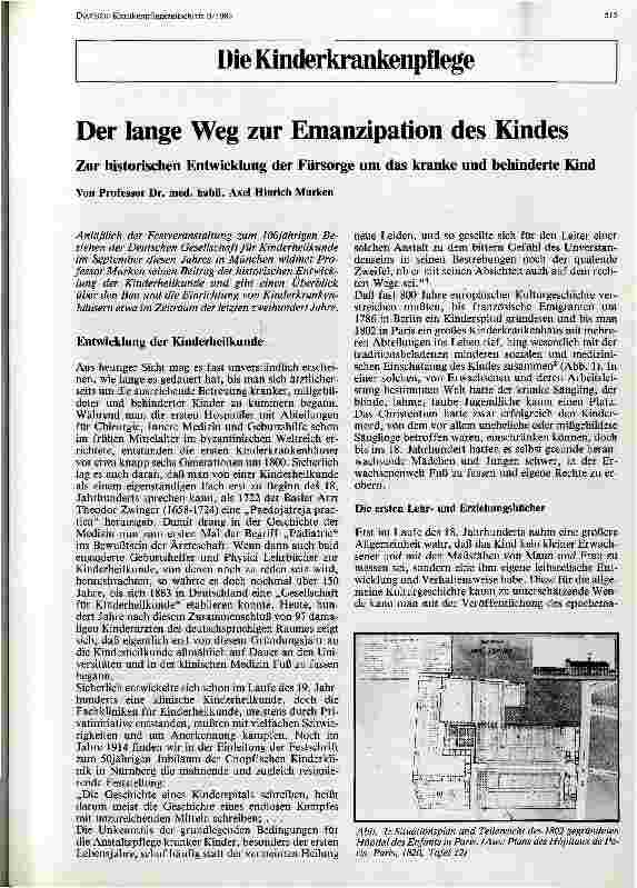 Vorschauseite 1: Der lange Weg zur Emanzipation des Kindes Zur historischen Entwicklung der Fürsorge um das kranke Kind