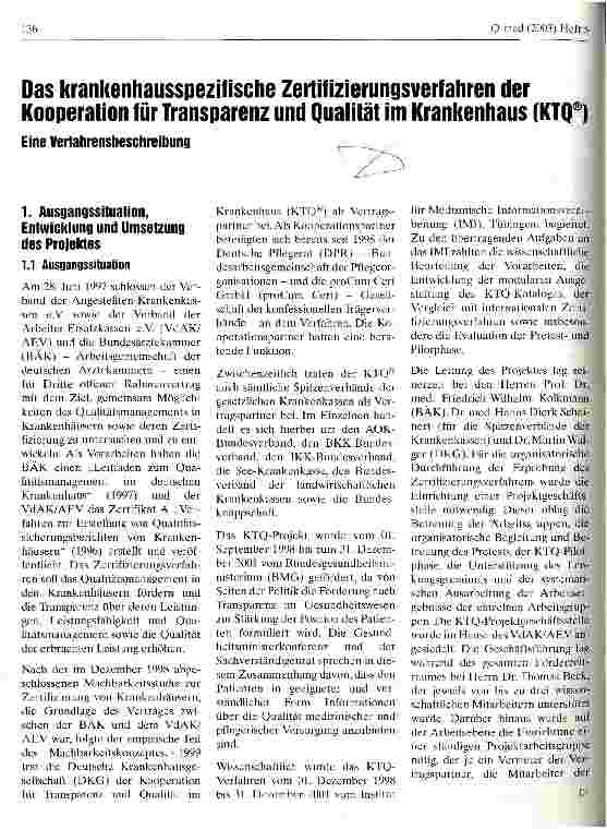 Vorschauseite 1: Das krankenhausspezifische Zertifizierungsverfahren der Kooperation für Transparenz und Qualität im Krankenhaus (KTQ) Eine Verfahrensbeschreibung