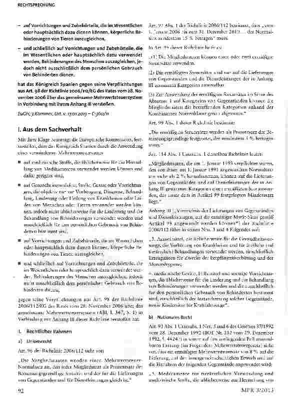 Vorschauseite 2: Besteuerung von Medizinprodukten in Spanien Art. 96, 98 Abs. 2, Anhang III Nr. 3, 4 Richtlinie 2006/112/EG über das gemeinsame Mehrwertsteuersystem