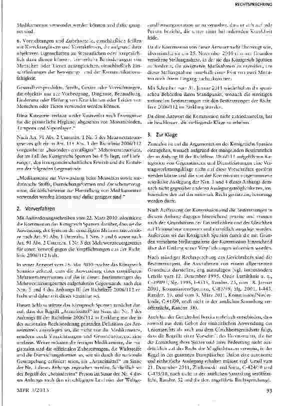 Vorschauseite 3: Besteuerung von Medizinprodukten in Spanien Art. 96, 98 Abs. 2, Anhang III Nr. 3, 4 Richtlinie 2006/112/EG über das gemeinsame Mehrwertsteuersystem