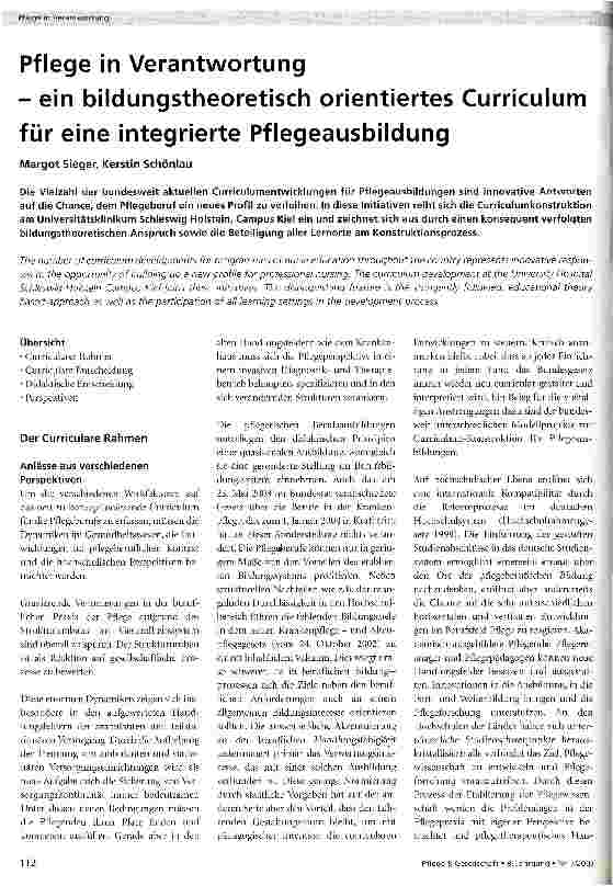 Vorschauseite 1: Pflege in Verantwortung - ein bildungstheoretisch orientiertes Curriculum für eine integrierte Pflegeausbildung