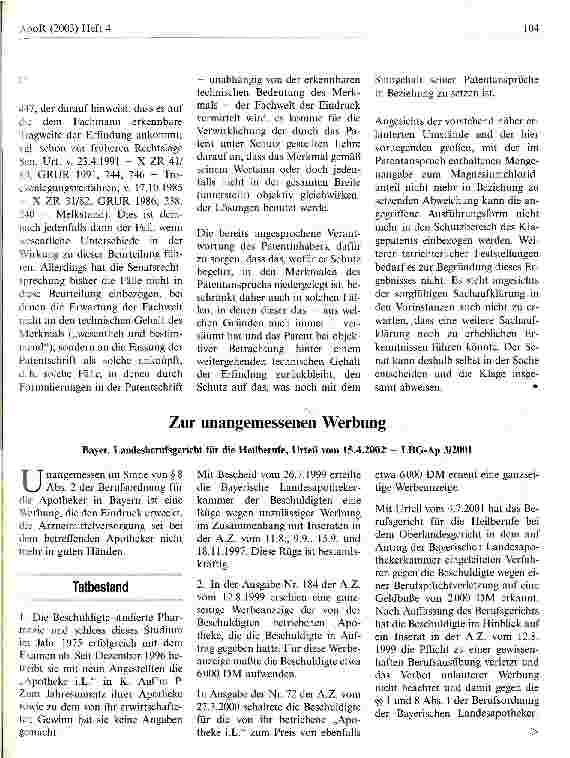 Vorschauseite 1: Zur unangemessenen Werbung Bayer. Landesberufsgericht für Heilberufe, Urteil vom 15.4.2002