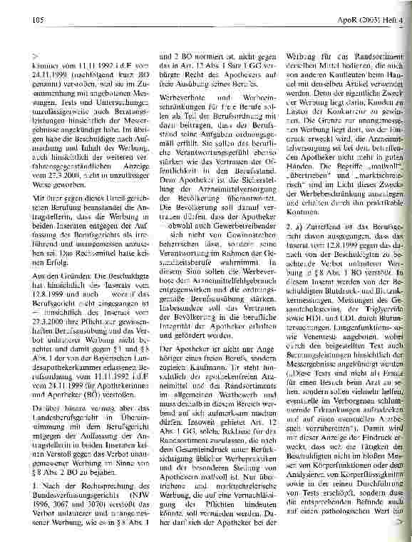 Vorschauseite 2: Zur unangemessenen Werbung Bayer. Landesberufsgericht für Heilberufe, Urteil vom 15.4.2002