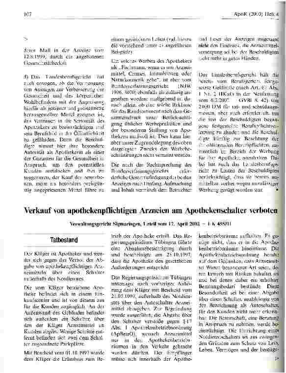 Vorschauseite 4: Zur unangemessenen Werbung Bayer. Landesberufsgericht für Heilberufe, Urteil vom 15.4.2002