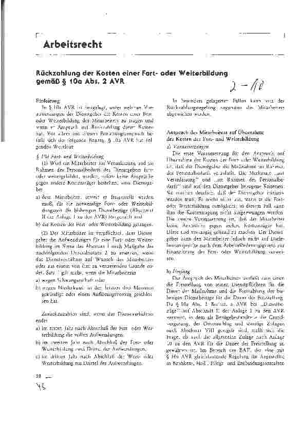 Vorschauseite 1: Rückzahlung der Kosten einer Fortoder Weiterbildung gemäß Paragraph 10 a Abs. 2 AVR