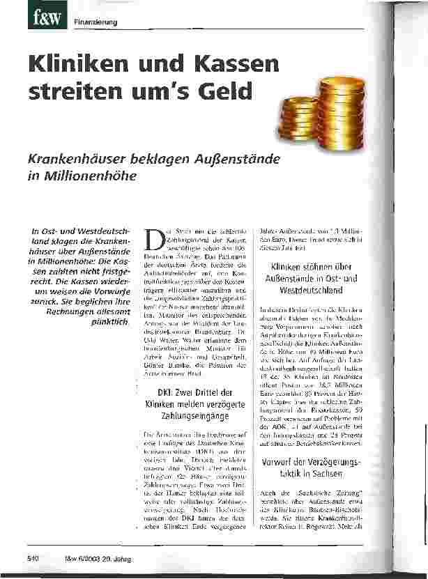 Vorschauseite 1: Kliniken und Kassen streiten ums Geld Krankenhäuser beklagen Außenstände in Millionenhöhe