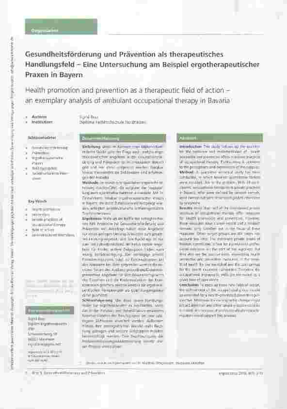 Vorschauseite 1: Gesundheitsförderung und Prävention als therapeutisches Handiungsfeld Eine Untersuchung am Beispiel ergotherapeutischer Praxen in Bayern