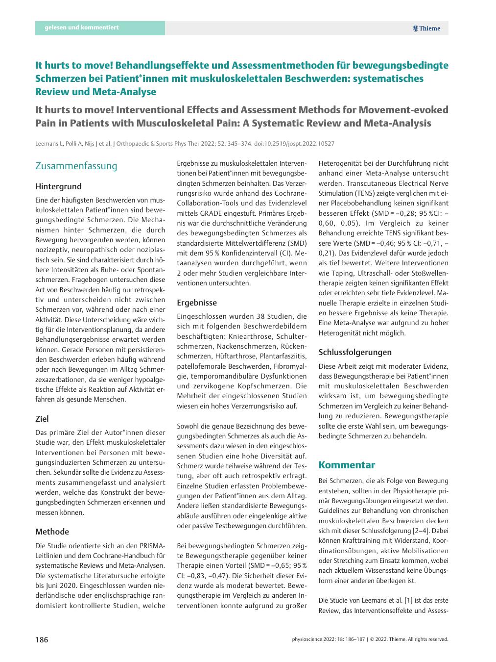 Vorschauseite 1: It hurts to move! Behandlungseffekte und Assessmentmethoden für bewegungsbedingte Schmerzen bei Patient*innen mit muskuloskelettalen Beschwerden: systematisches Review und Meta-An…