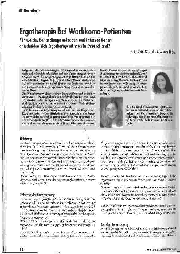 Vorschauseite 1: Ergotherapie bei Wachkoma-PatientenFür welche Behandlungsmethoden und Interventionen entscheiden sich Ergotherapeutlnnen in Deutschland?