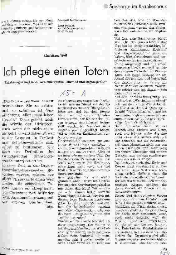 Vorschauseite 1: Ich pflege einen Toten Erfahrungen und Gedanken zum Thema Hirntod und Organspende