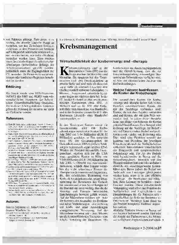 Vorschauseite 1: KrebsmanagementWirtschaftlichkeit der Krebsvorsorge und therapie