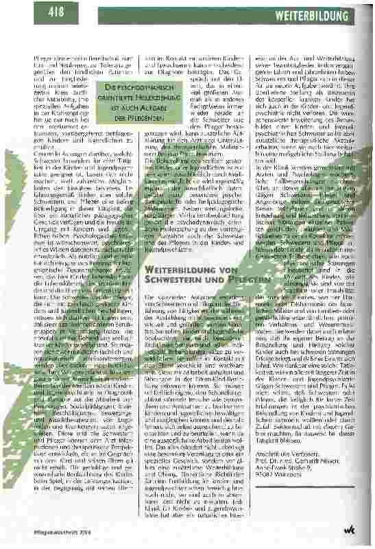 Vorschauseite 2: Schwestern und Pfleger in der Kinderund Jugendpsychiatrie Möglichkeiten einer Weiterbildung in einem neuen medizinischen Fachgebiet