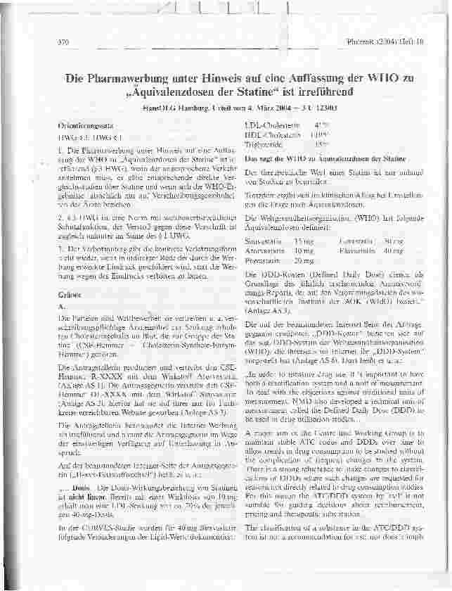 Vorschauseite 1: Die Pharmawerbung unter Hinweis auf eine Auffassung der WHO zu Äquivalenzdosen der Statine ist irreführend