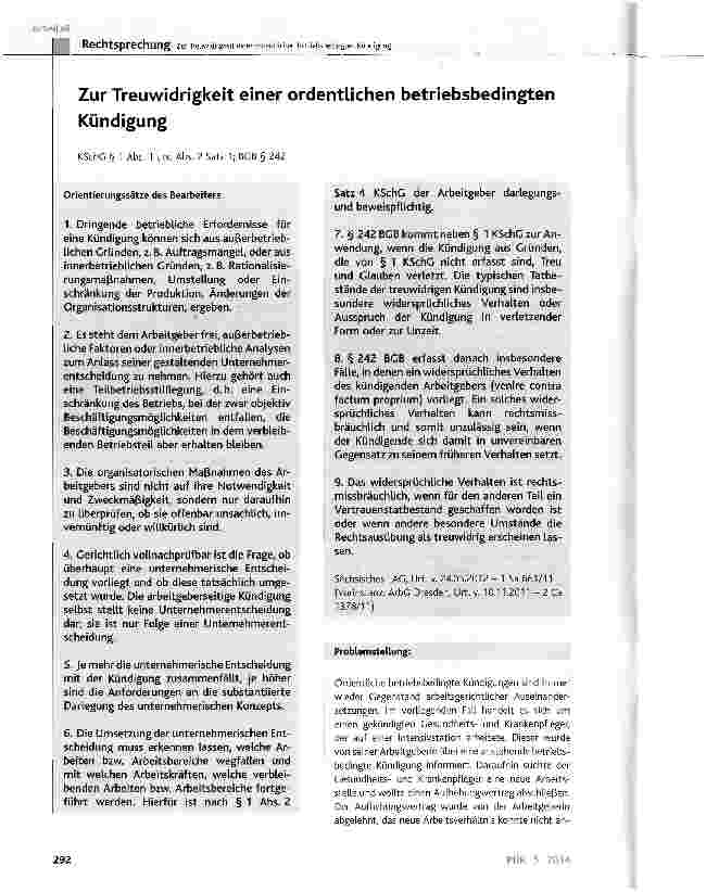 Vorschauseite 1: Zur Treuwidrigkeit einer ordentlichen betriebsbedingten Kündigung KSchG § 1 Abs. 1 und Abs. 2 Satz 1; BGB § 242