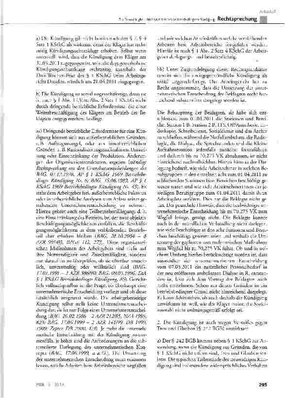 Vorschauseite 4: Zur Treuwidrigkeit einer ordentlichen betriebsbedingten Kündigung KSchG § 1 Abs. 1 und Abs. 2 Satz 1; BGB § 242