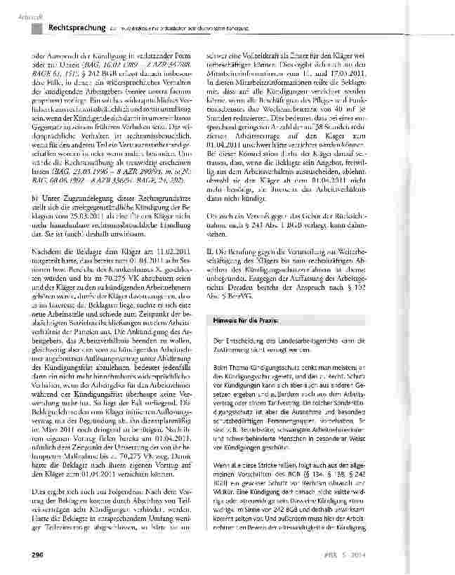 Vorschauseite 5: Zur Treuwidrigkeit einer ordentlichen betriebsbedingten Kündigung KSchG § 1 Abs. 1 und Abs. 2 Satz 1; BGB § 242