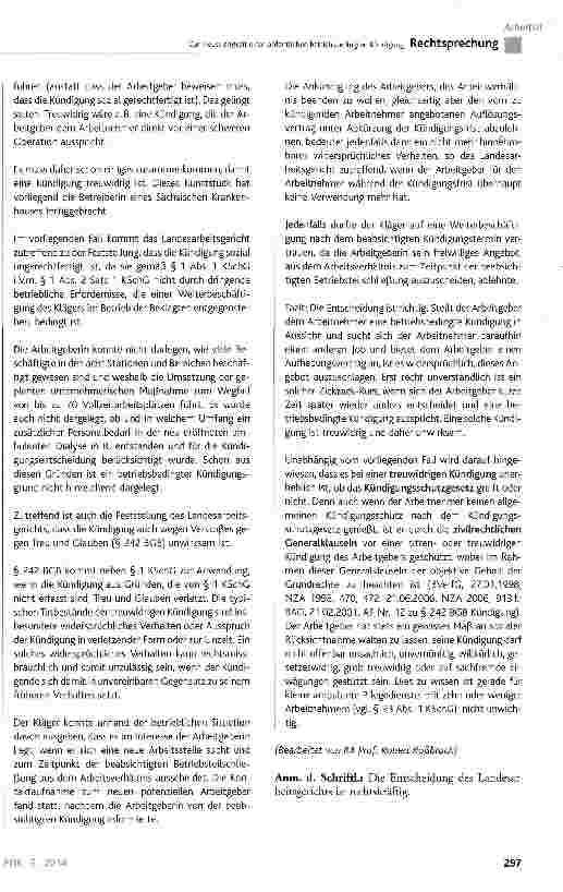 Vorschauseite 6: Zur Treuwidrigkeit einer ordentlichen betriebsbedingten Kündigung KSchG § 1 Abs. 1 und Abs. 2 Satz 1; BGB § 242