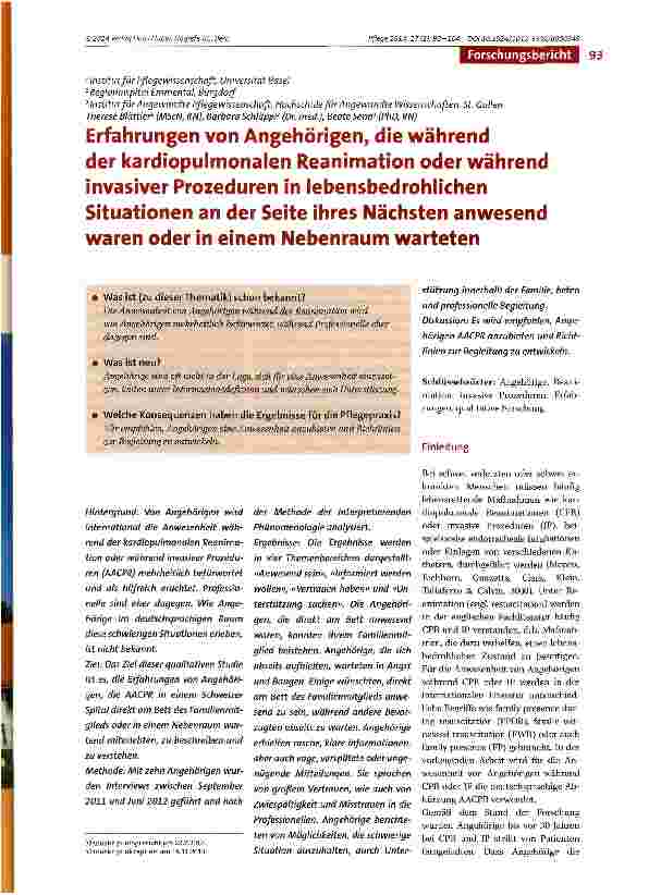 Vorschauseite 1: Erfahrungen von Angehörigen, die während der kardiopulmonalen Reanimation oder während invasiver Prozeduren in lebensbedrohlichen Situationen an der Seite ihres Nächsten anwesend…