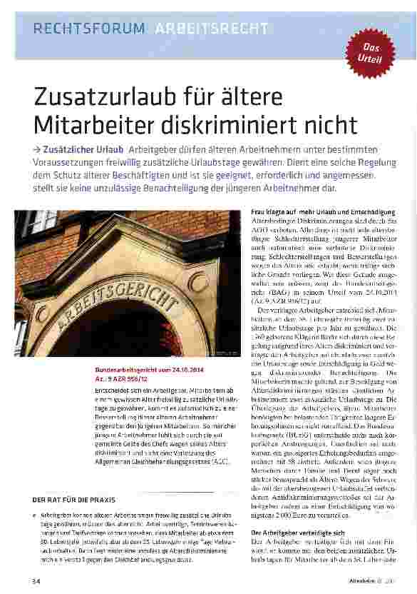 Vorschauseite 1: Zusatzurlaub für ältere Mitarbeiter diskriminiert nicht