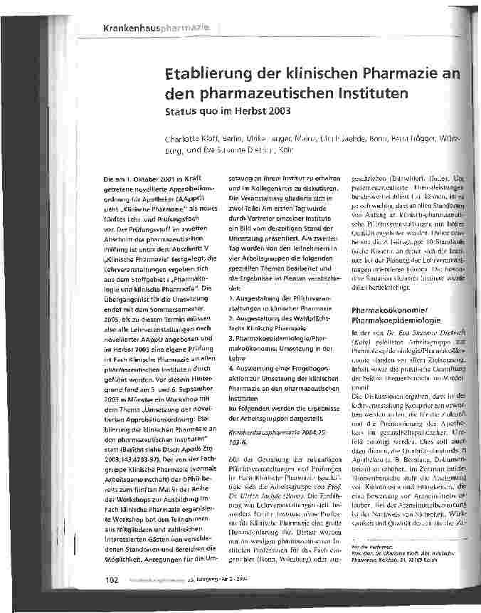 Vorschauseite 1: Etablierung der klinischen Pharmazie an den pharmazeutischen Instituten