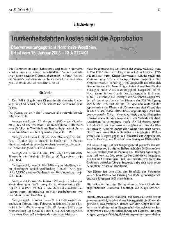 Vorschauseite 1: Trunkenheitsfahrten kosten nicht die Approbation
