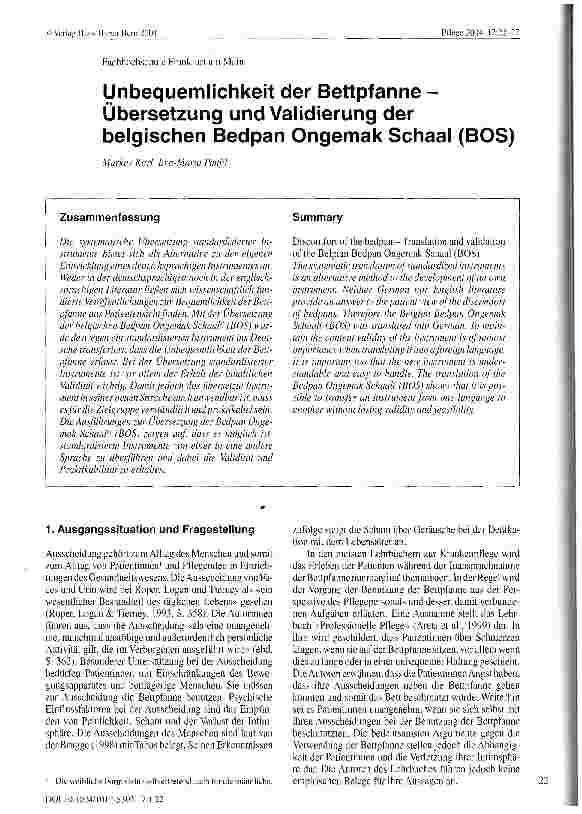 Vorschauseite 1: Unbequemlichkeit der Bettpfanne - Übersetzung und Validierung der belgischen Bedpan Ongemak Schaal (BOS)