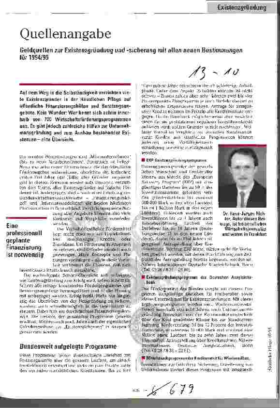 Vorschauseite 1: Quellenangabe Geldquellen zur Existenzgründung und -sicherung mit allen neuen Bestimmungen für 1994/95