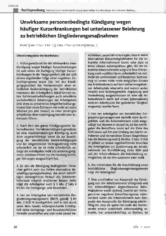 Vorschauseite 1: Unwirksame personenbedingte Kündigung wegen häufiger Kurzerkrankungen bei unterlassener Belehrung zu betrieblichen Eingliederungsmaßnahmen