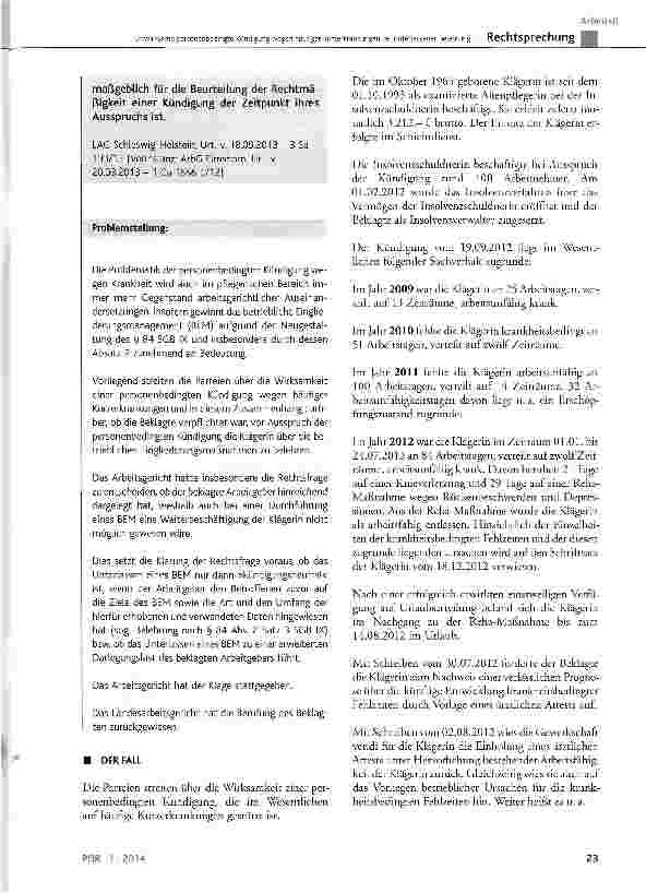 Vorschauseite 2: Unwirksame personenbedingte Kündigung wegen häufiger Kurzerkrankungen bei unterlassener Belehrung zu betrieblichen Eingliederungsmaßnahmen
