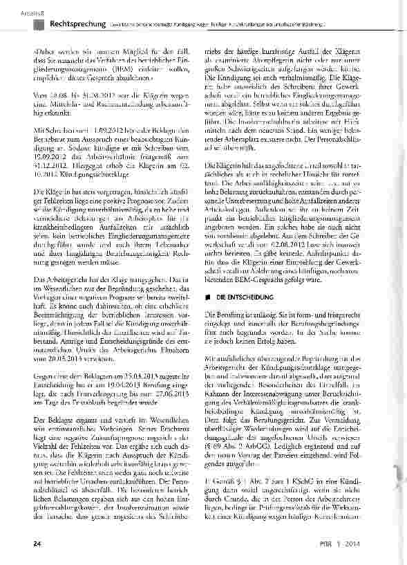 Vorschauseite 3: Unwirksame personenbedingte Kündigung wegen häufiger Kurzerkrankungen bei unterlassener Belehrung zu betrieblichen Eingliederungsmaßnahmen