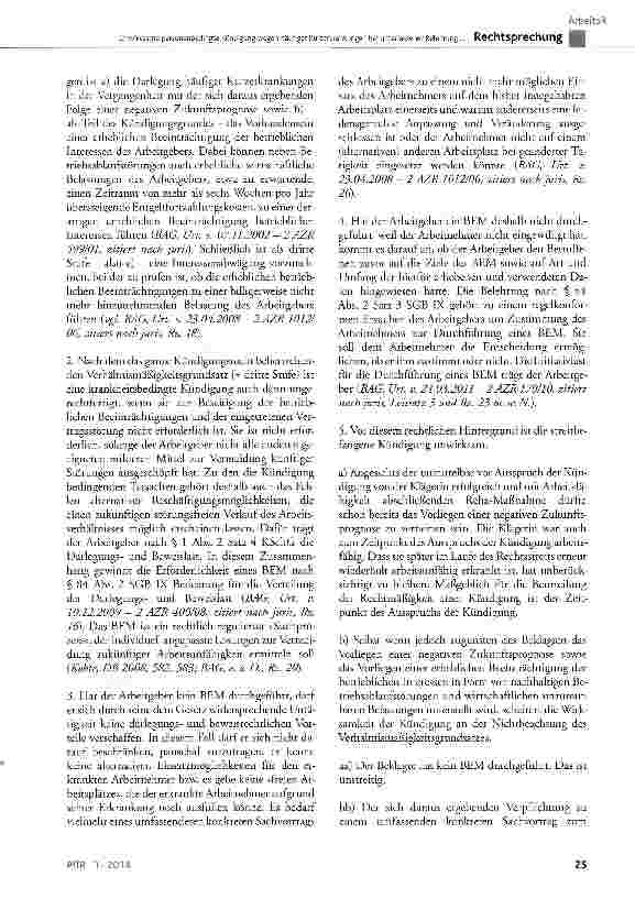 Vorschauseite 4: Unwirksame personenbedingte Kündigung wegen häufiger Kurzerkrankungen bei unterlassener Belehrung zu betrieblichen Eingliederungsmaßnahmen