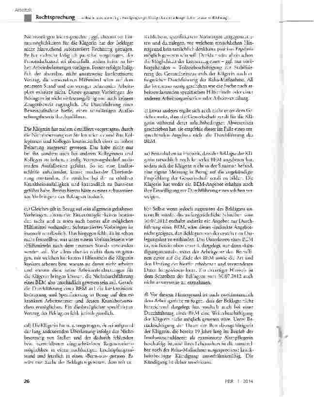 Vorschauseite 5: Unwirksame personenbedingte Kündigung wegen häufiger Kurzerkrankungen bei unterlassener Belehrung zu betrieblichen Eingliederungsmaßnahmen