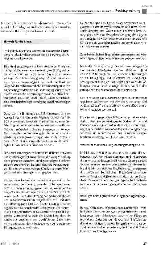 Vorschauseite 6: Unwirksame personenbedingte Kündigung wegen häufiger Kurzerkrankungen bei unterlassener Belehrung zu betrieblichen Eingliederungsmaßnahmen