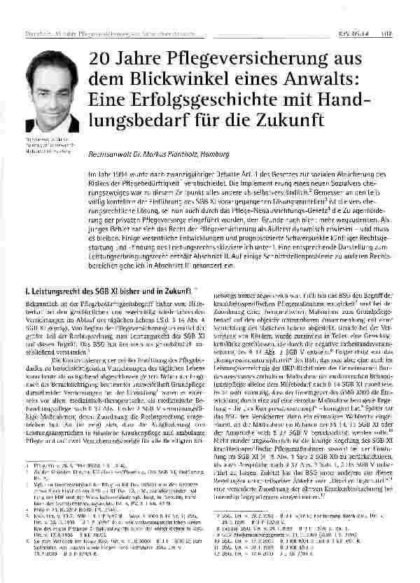 Vorschauseite 1: 20 Jahre Pflegeversicherung aus dem Blickwinkel eines Anwalts: Eine Erfolgsgeschichte mit Hand-lungsbedarf für die Zukunft