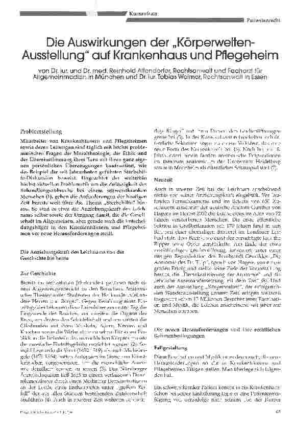 Vorschauseite 1: Die Auswirkungen der Körperwelten-Ausstellung auf Krankenhaus und Pflegeheim