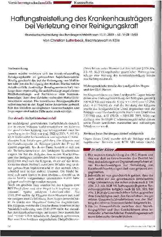 Vorschauseite 1: Haftungsfreistellung des Krankenhausträgers bei Verletzung einer Reinigungskraft Grundsatzentscheidung des Bundesgerichtshofs vom 11. 11. 2003
