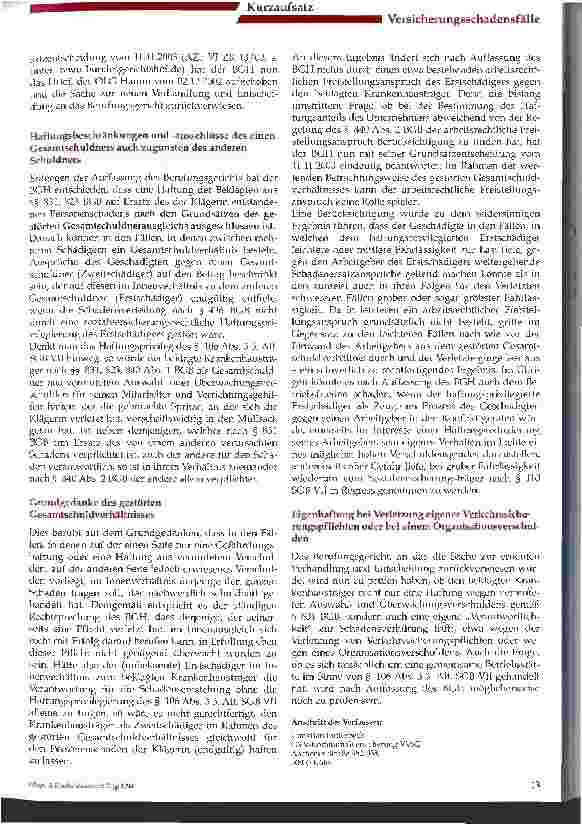 Vorschauseite 2: Haftungsfreistellung des Krankenhausträgers bei Verletzung einer Reinigungskraft Grundsatzentscheidung des Bundesgerichtshofs vom 11. 11. 2003