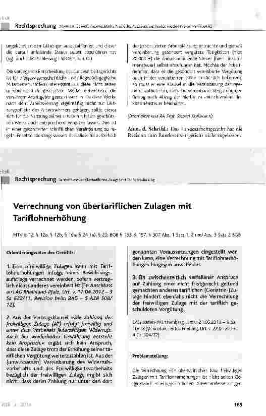 Vorschauseite 1: Verrechnung von übertariflichen Zulagen mit Tariflohnerhöhung