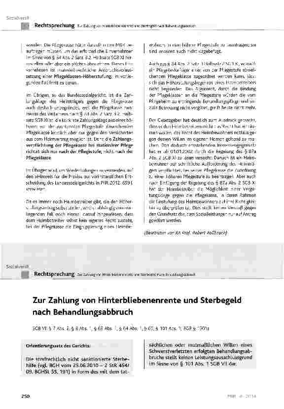Vorschauseite 1: Zur Zahlung von Hinterbliebenenrente und Sterbegeld nach Behandlungsabbruch