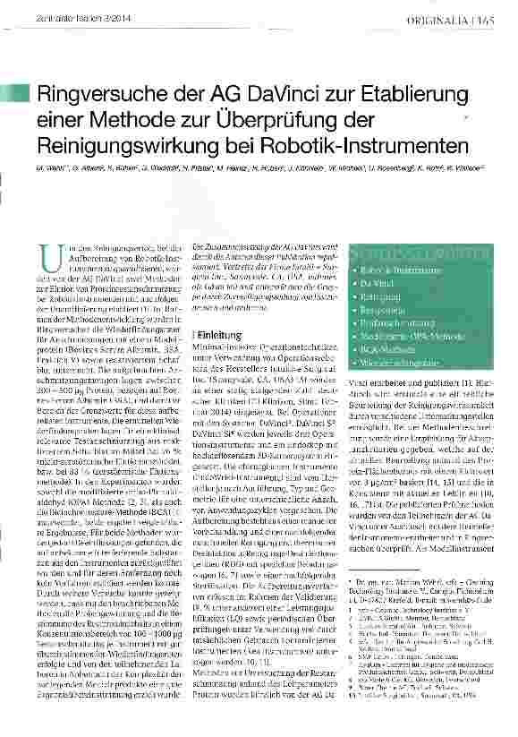 Vorschauseite 1: Ringversuche der AG DaVinci zur Etablierung einer Methode zur Überprüfung der Reinigungswirkung bei Robotik-Instrumenten